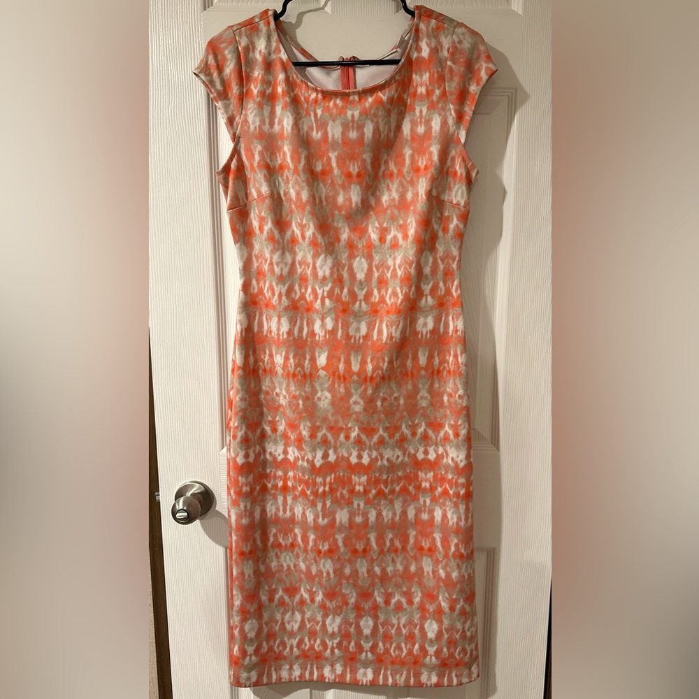New York & Company Pink and White Sheath Dress Cap Sleeve Crew Neck